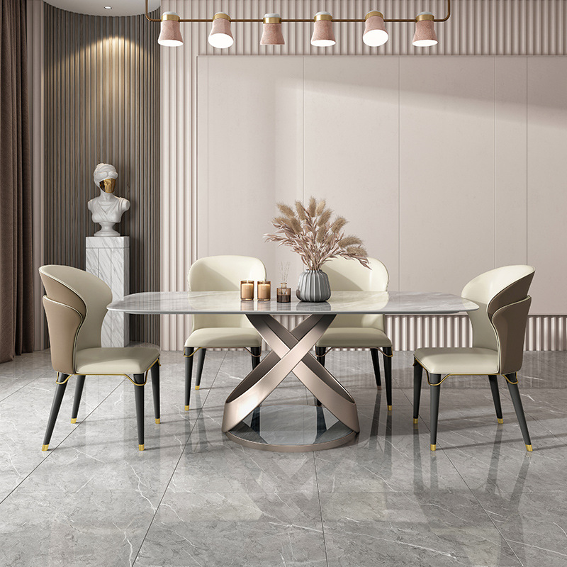 Modern Minimalist Sintered Stone Home Furniture Light Luxury Dining Table Set with Black Metal Legs