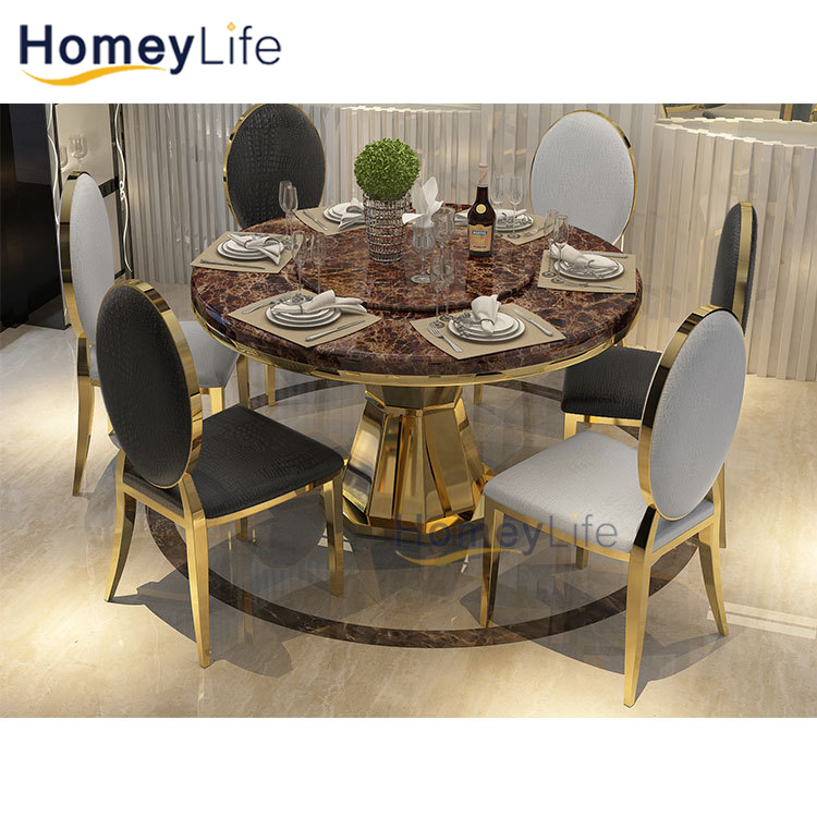 Restaurant Dining Room Stainless Steel Marble Top Round Dining Table