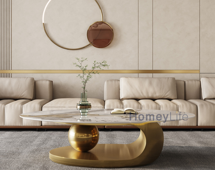 Luxury Living Room Home Furniture New Design End Table Glass Marble Top Set Sintered Stone Coffee Table with Stainless Steel Titanium Gold