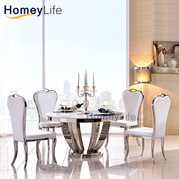 Restaurant Dining Room Stainless Steel Marble Top Round Dining Table