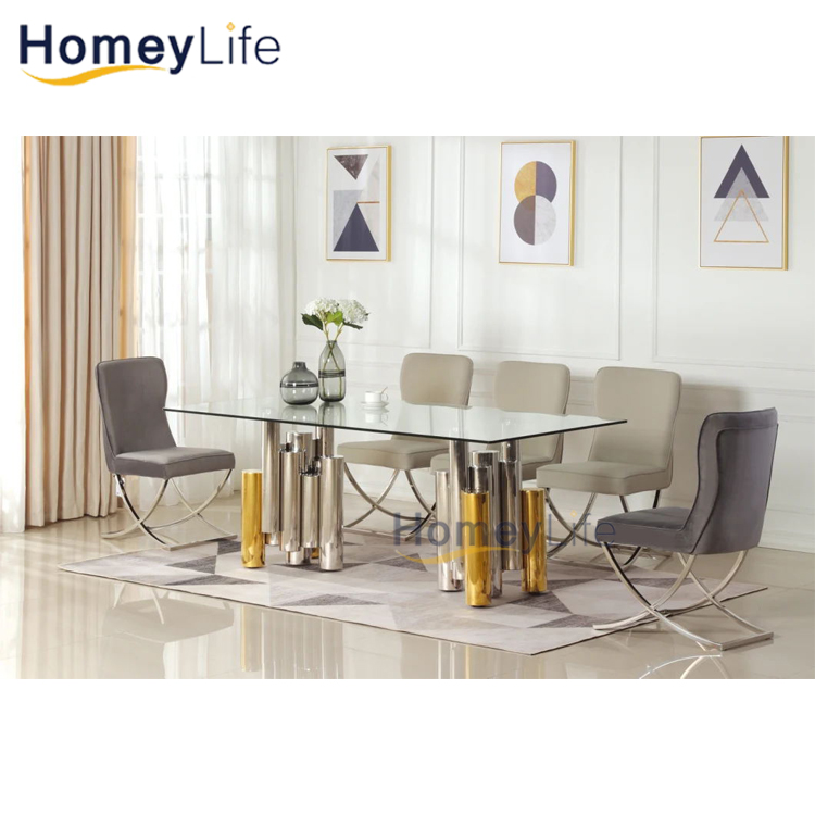 Gold And Silver Stainless Steel Luxury Glass Top Dining Table Set