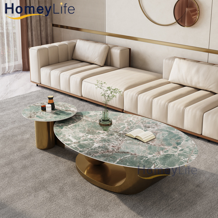Luxury Living Room Home Furniture New Design End Table Glass Marble Top Set Sintered Stone Coffee Table with Stainless Steel Titanium Gold
