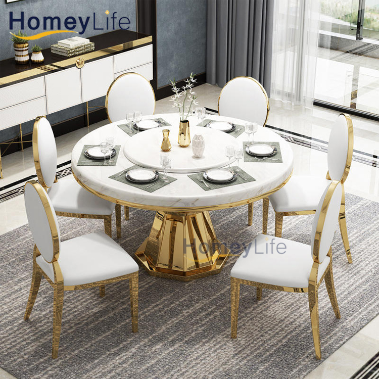 Restaurant Dining Room Stainless Steel Marble Top Round Dining Table