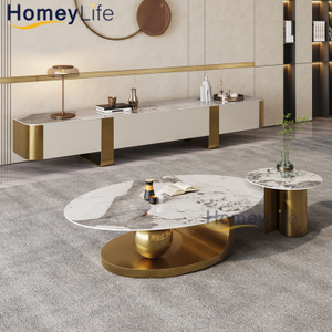 Luxury Living Room Home Furniture New Design End Table Glass Marble Top Set Sintered Stone Coffee Table with Stainless Steel Titanium Gold