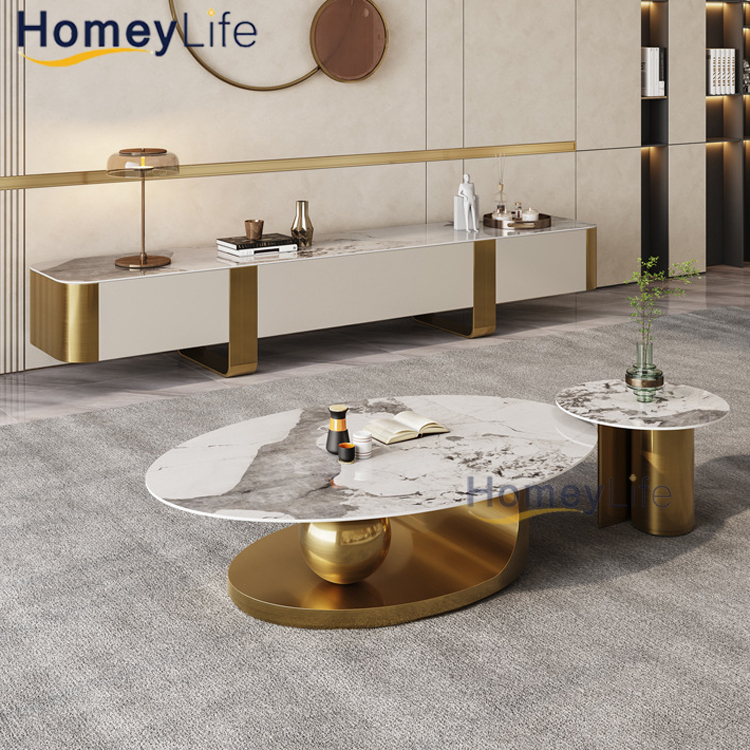 Luxury Living Room Home Furniture New Design End Table Glass Marble Top Set Sintered Stone Coffee Table with Stainless Steel Titanium Gold