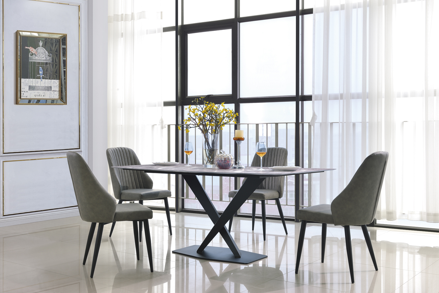 Modern Minimalist Sintered Stone Home Furniture Light Luxury Dining Table Set with Black Metal Legs