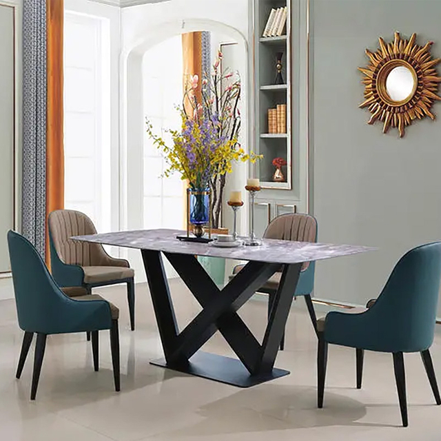 Modern Minimalist Sintered Stone Home Furniture Light Luxury Dining Table Set with Black Metal Legs