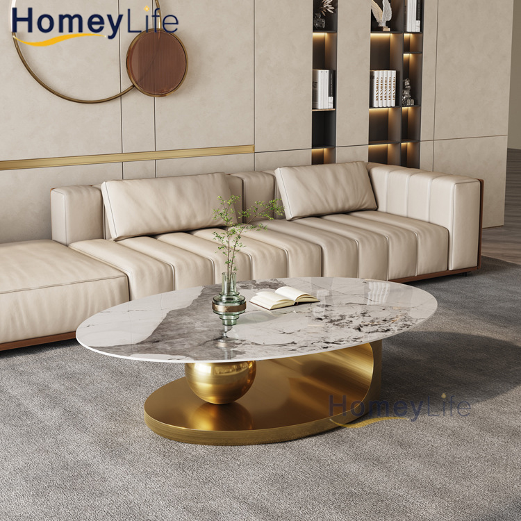 Luxury Living Room Home Furniture New Design End Table Glass Marble Top Set Sintered Stone Coffee Table with Stainless Steel Titanium Gold
