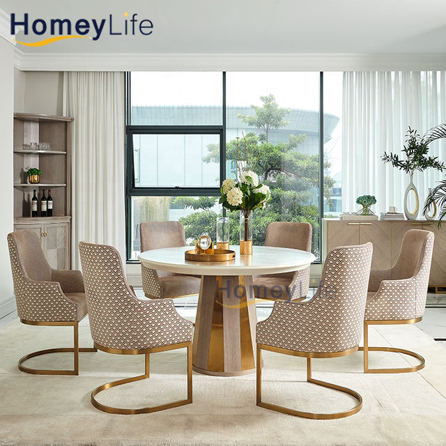 Restaurant Dining Room Stainless Steel Marble Top Round Dining Table