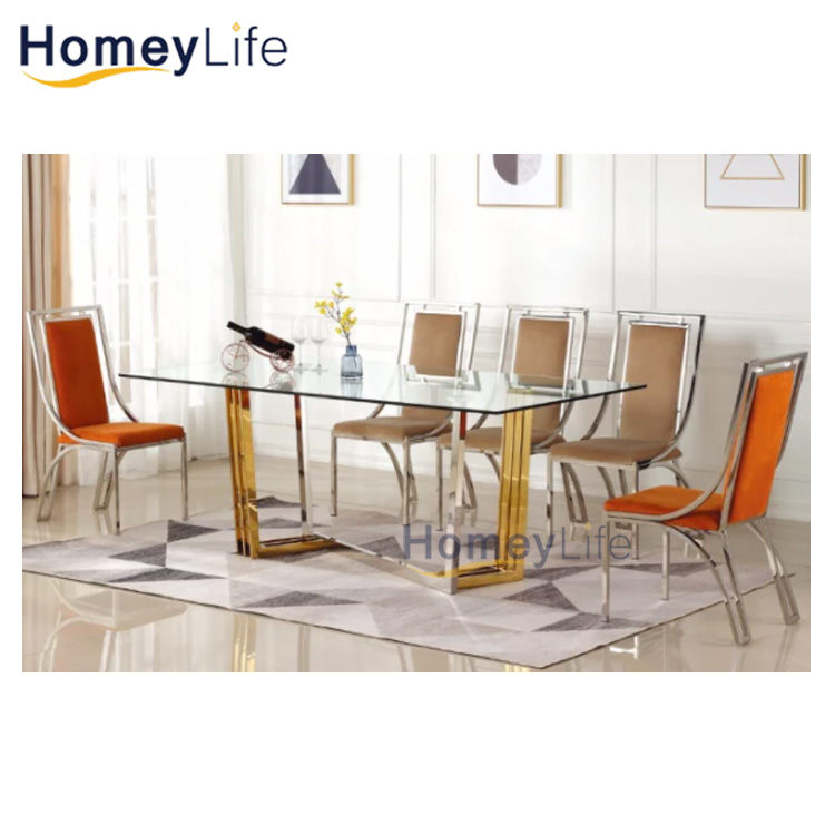 Gold And Silver Stainless Steel Luxury Glass Top Dining Table Set