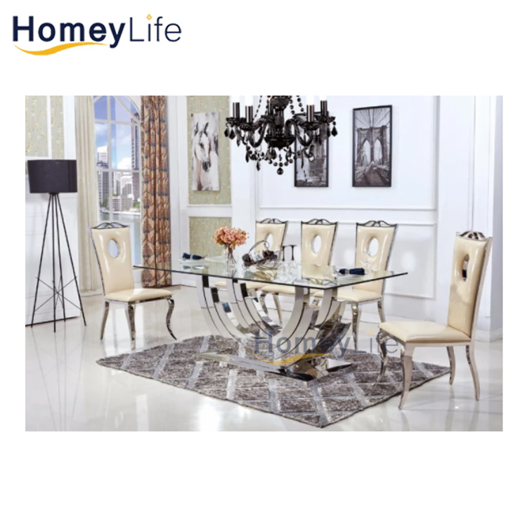 Gold And Silver Stainless Steel Luxury Glass Top Dining Table Set