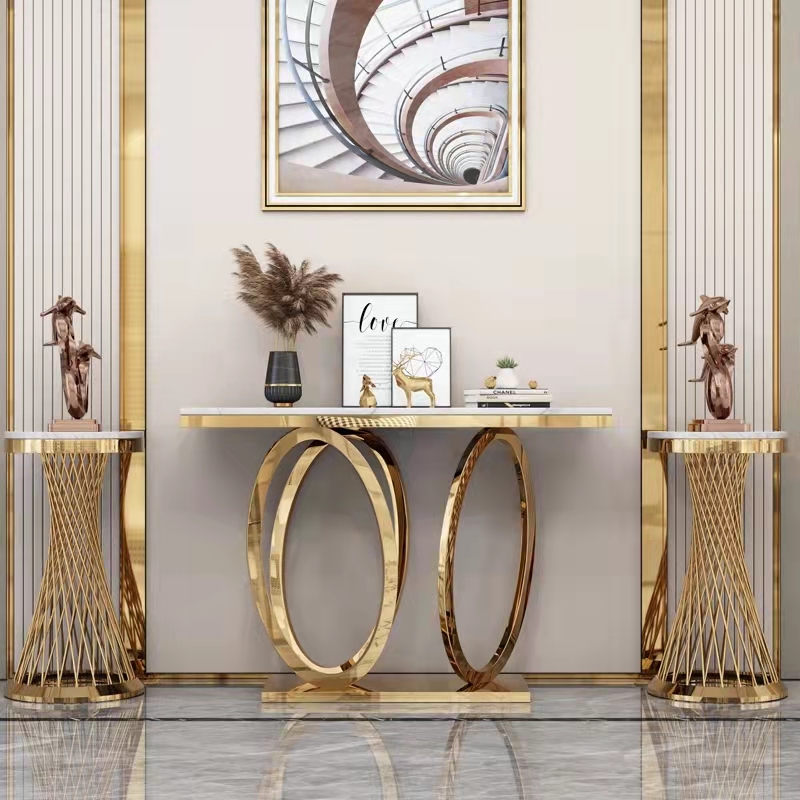 Living Room Marble Top Console Table with Metal Base