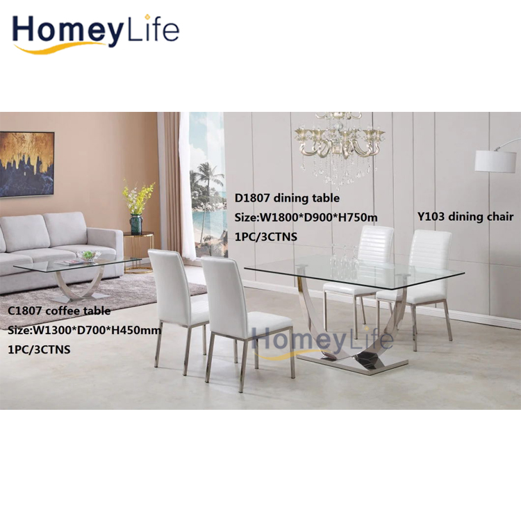 Gold And Silver Stainless Steel Luxury Glass Top Dining Table Set