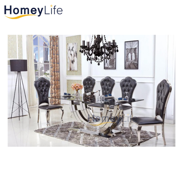 Gold And Silver Stainless Steel Luxury Glass Top Dining Table Set
