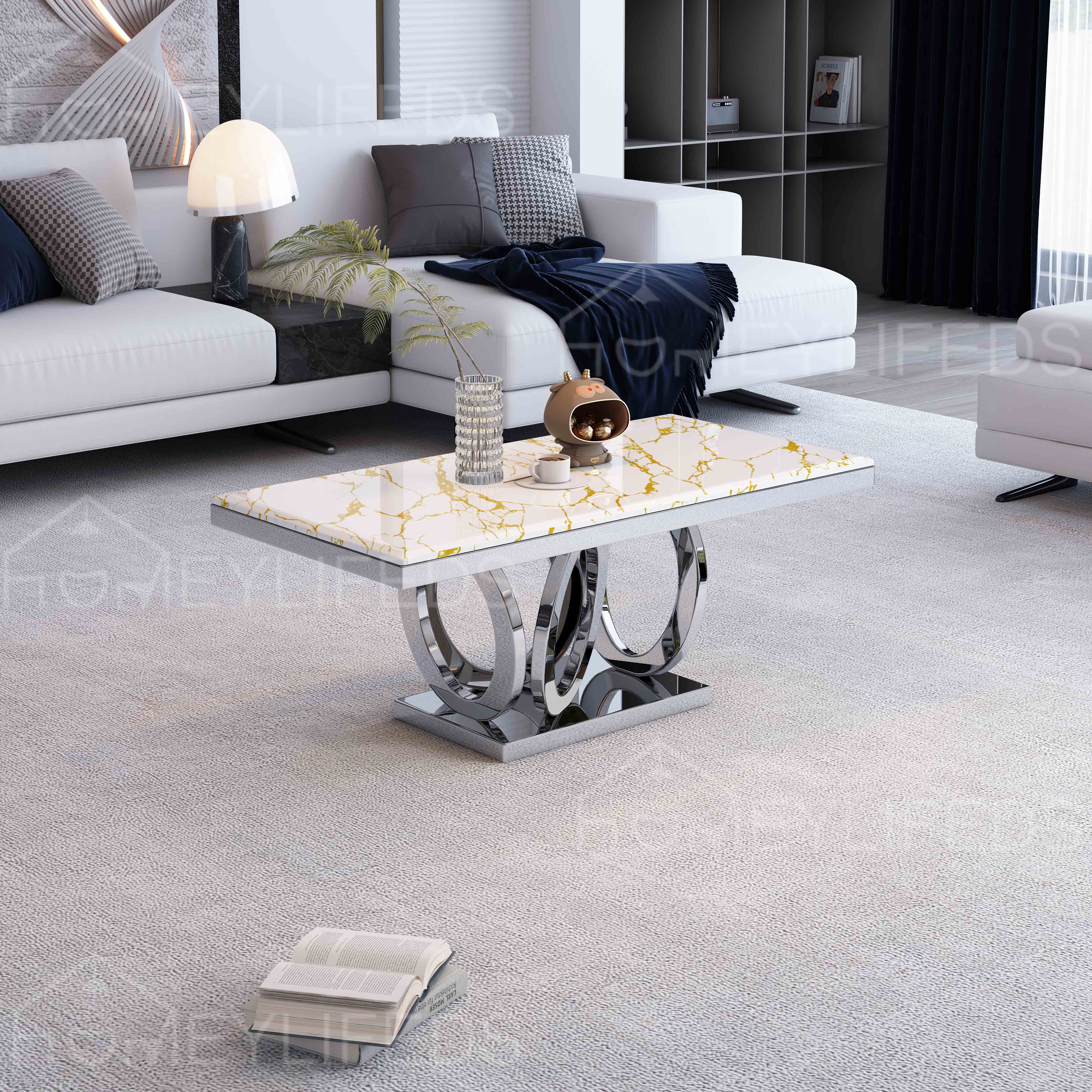 Living Room Furniture 2 Pieces Unique Modern Design Luxury Marble Round Top Metal Frame Coffee Table Set