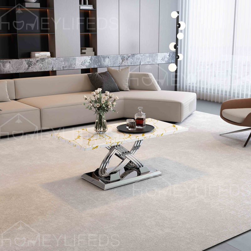 Nordic Modern Round Coffee Table with Gold Stainless Steel Base & Inlaid Marble Top for Living Room Furniture