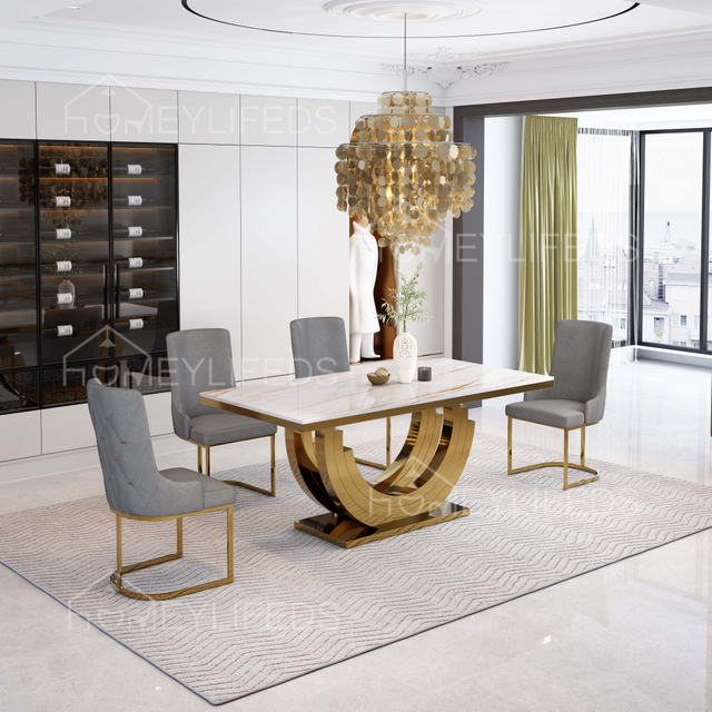 Stainless Steel Frame Marble Top Dining Table Set 6 Seat Modern Luxury Dining Table Set