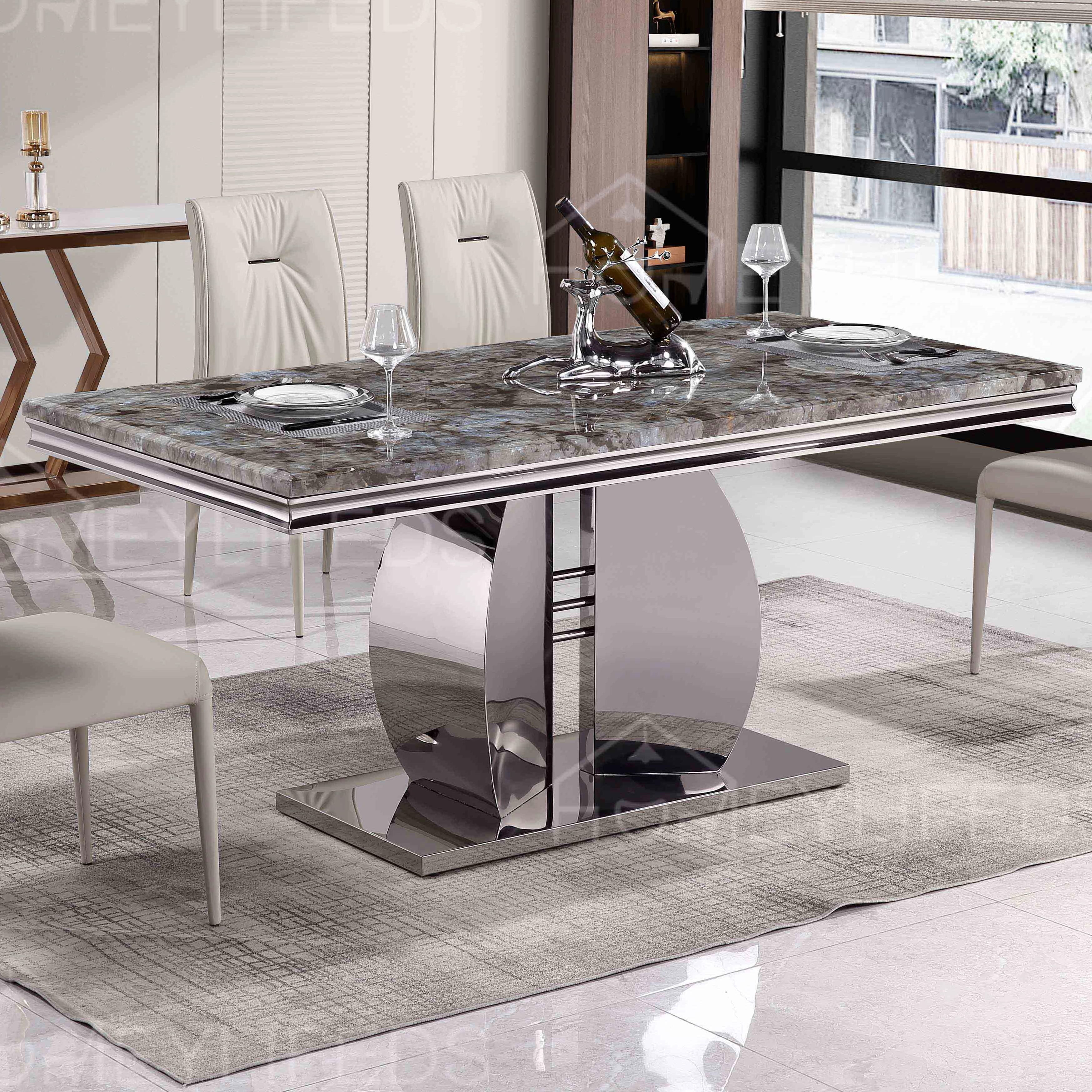 Luxury Dining Room Furniture Dining Table And Chair Set with Gold Stainless Steel Frame And Leather Fabric Chairs