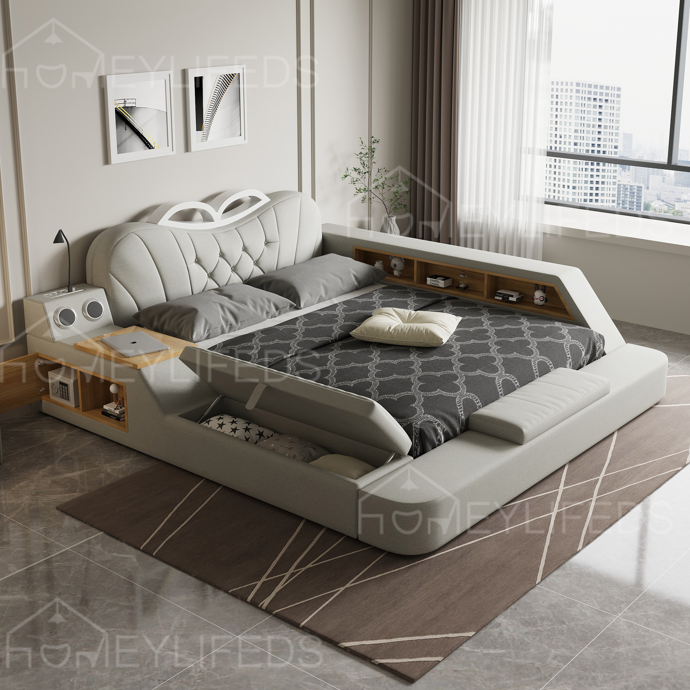 Modern Multimedia Speaker Family Cinema Usb Charger Genuine Leather Massage Bedroom Furniture Smart Multifunctional Bed