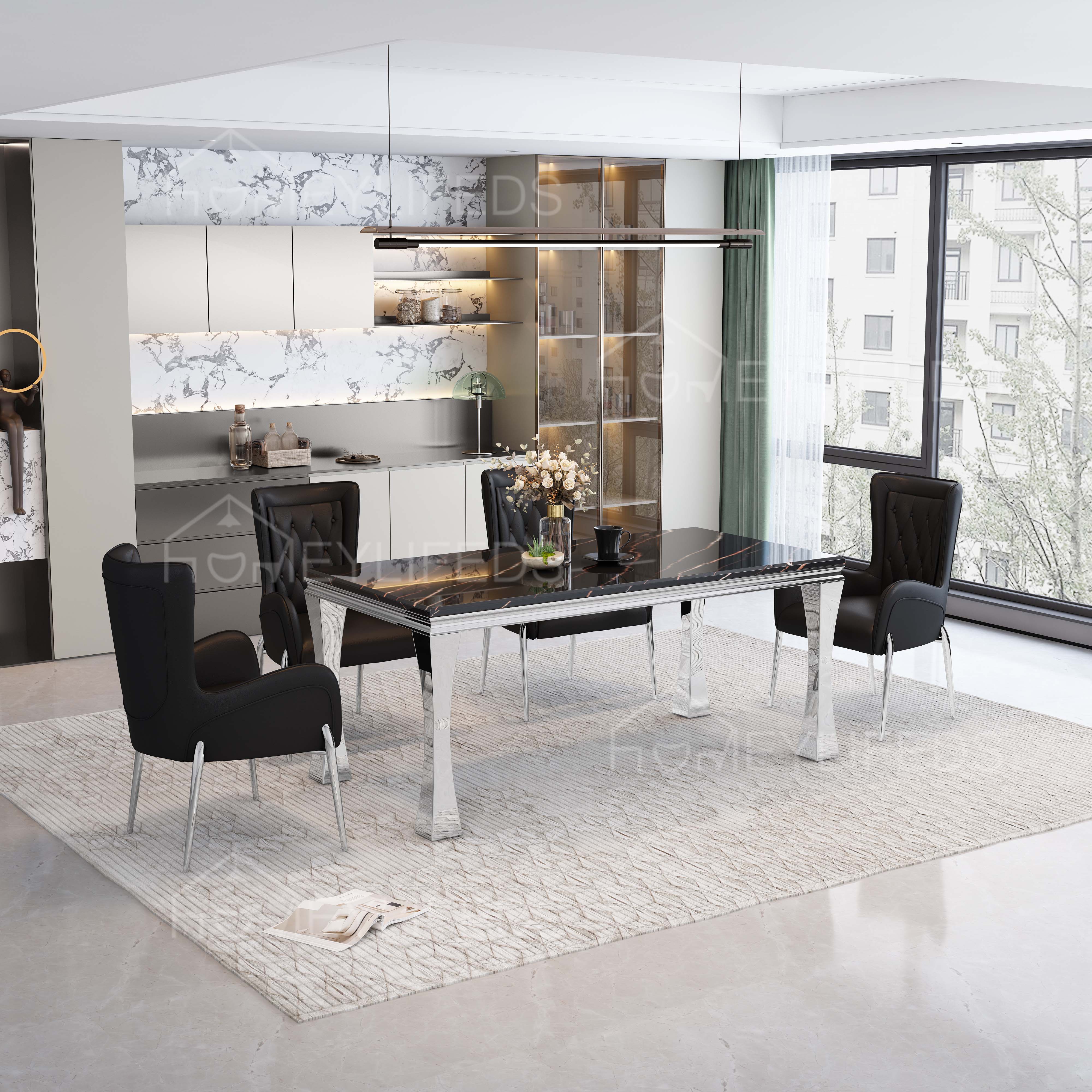 Stainless Steel Leg Dining Table with Chairs Dining Room Sets Modern Luxury Marble Stone Top Metal Dining Table Set