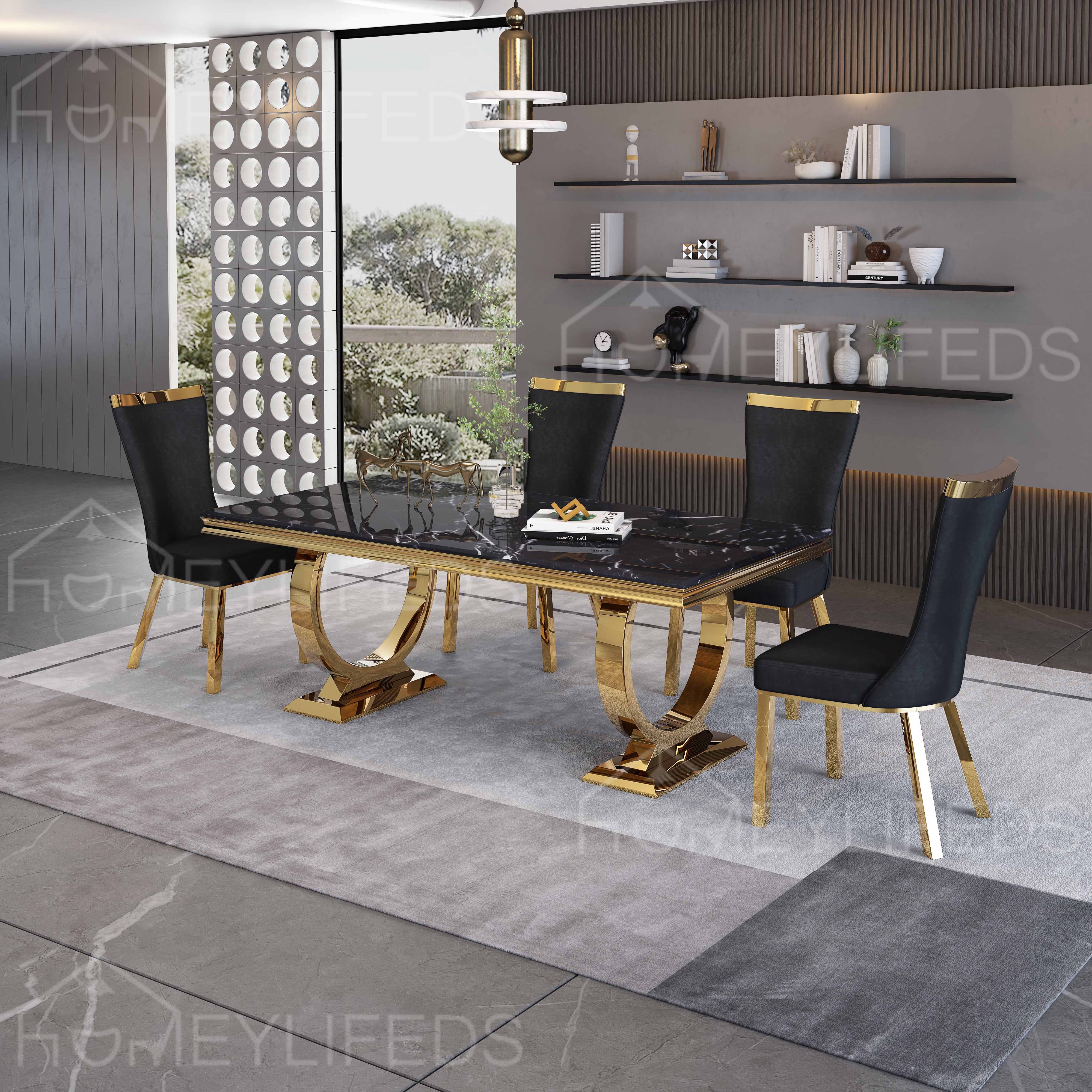 Modern Luxury 6-Seater Rectangle Dining Table Set Stainless Steel Sintered Stone Slate Top for Apartment Living Room Furniture