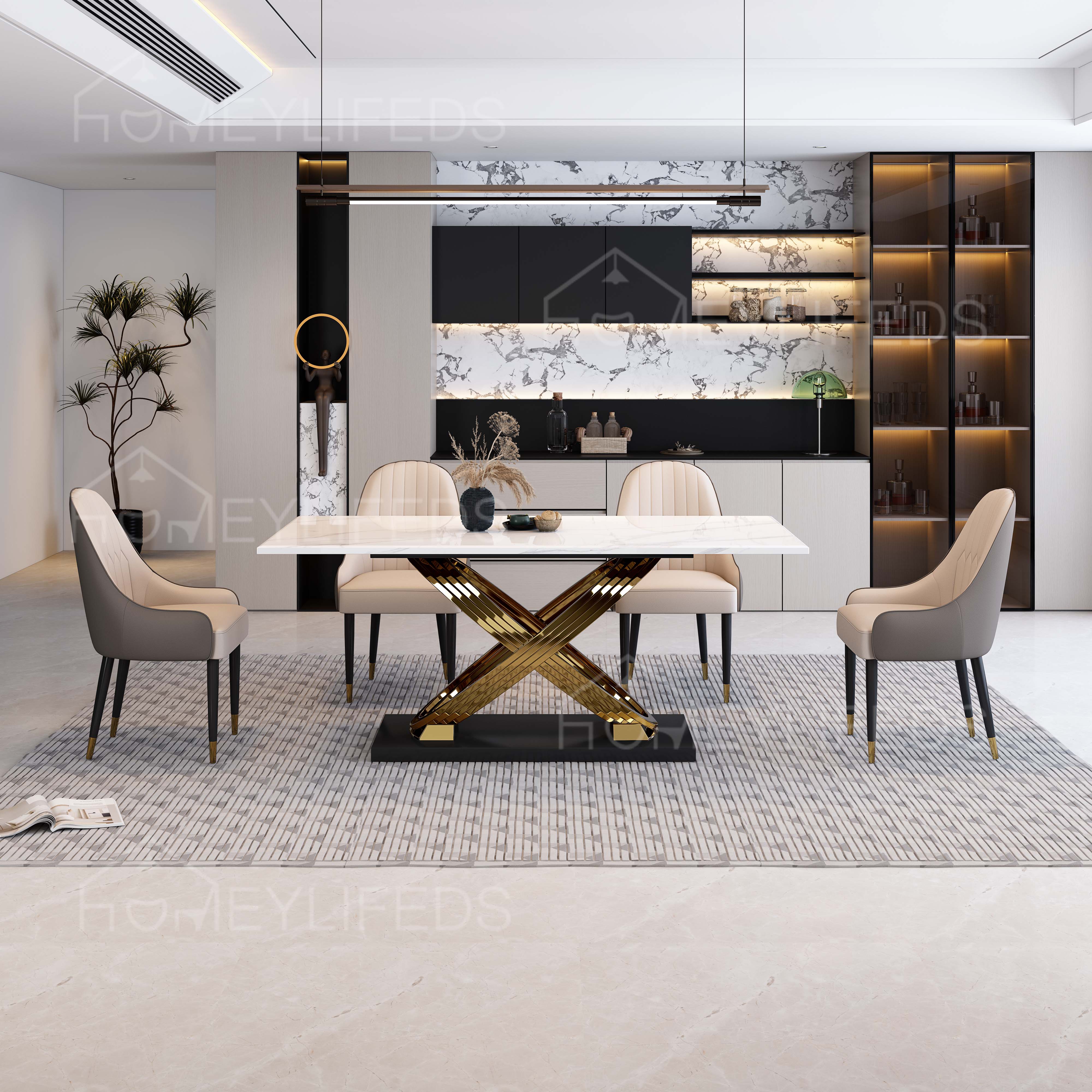 Italian Marble Dining Table Stainless Steel Dining Room Furniture Marble Top Dining Table 6 Set