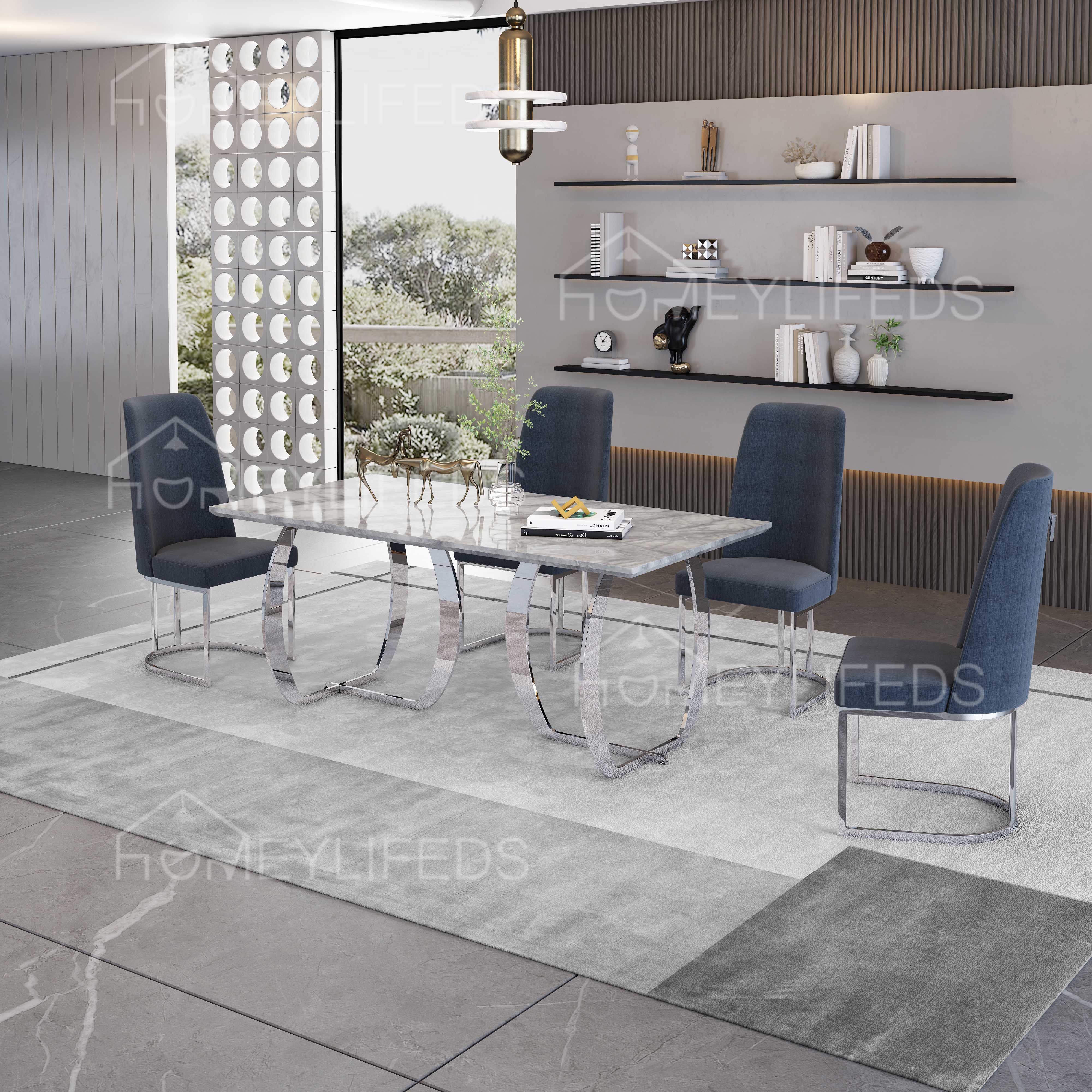 Luxury Gold Marble Slate Top Dinning Table 6 Seater 4 Chairs Set Home Furniture Modern Design Dining Room Metal Dining Table