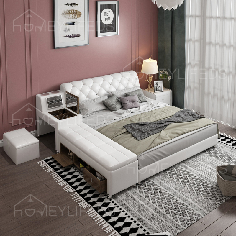 Modern Simple Smart Double Bed Genuine Leather Tatami Bed For Master Bedroom 2.2 Large Multifunctional Massage Living Room