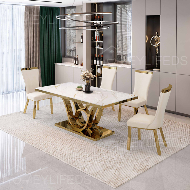 Middle Eastern European Style Fashionable White Granite Marble Minimalista Sealing Glaze Dining Room Table And Chairs
