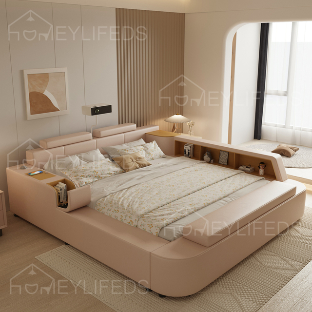 Modern Luxurious Multi-functional Smart Leather Bed With Massage Drawer Safe Double King Size Bunk Bed