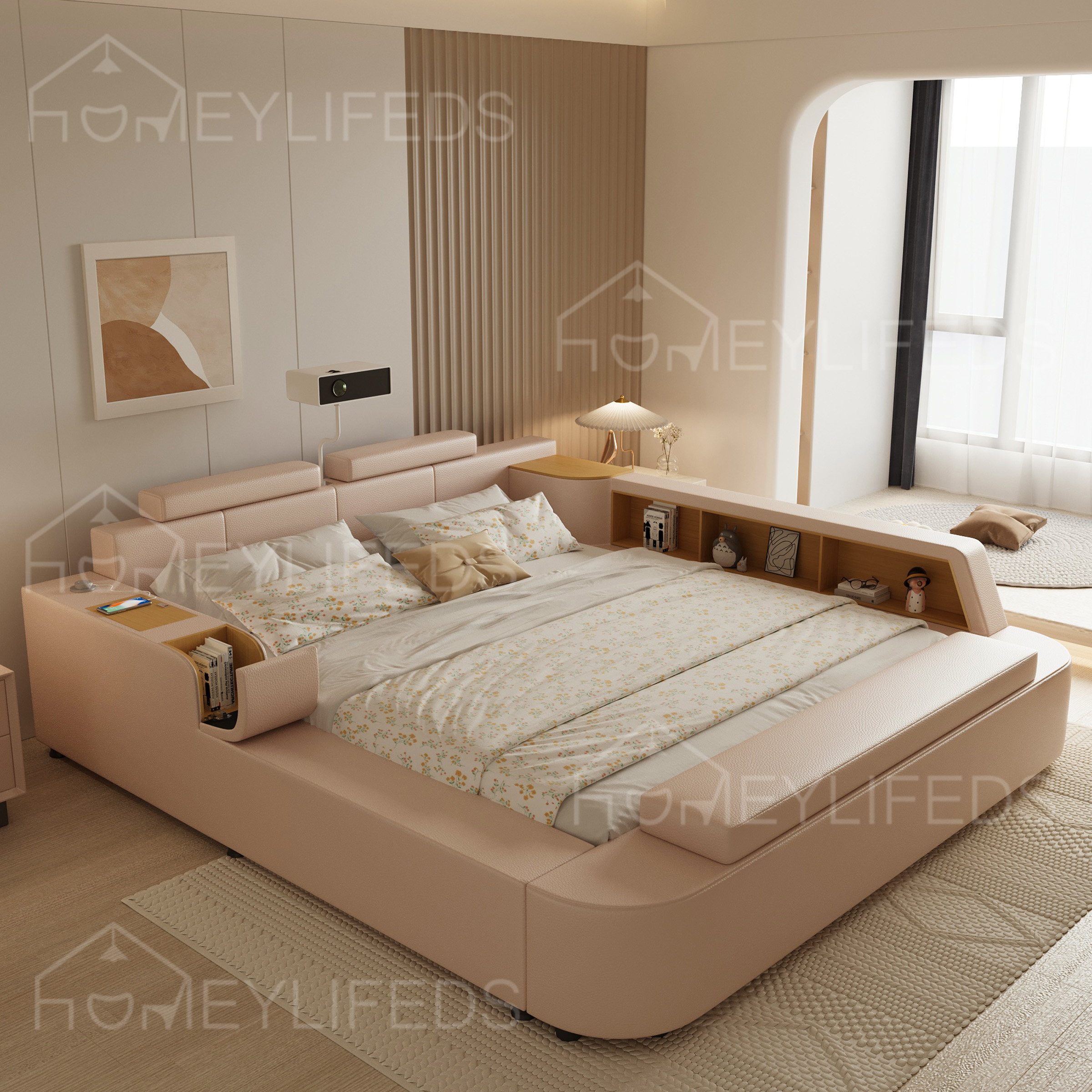 Modern Luxurious Multi-functional Smart Leather Bed With Massage Drawer Safe Double King Size Bunk Bed
