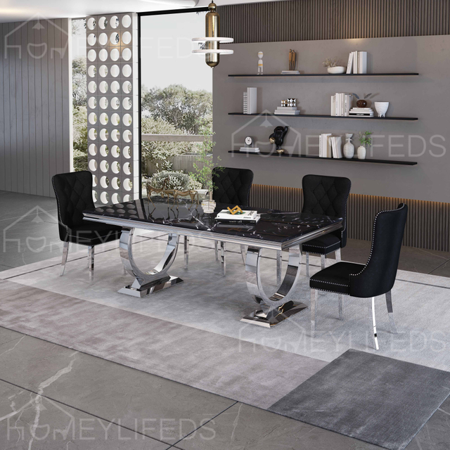 Modern Light Luxury Rectangular Dining Table Stainless Steel Chair Set for Hotel Or Restaurant Marble Top Metal Furniture