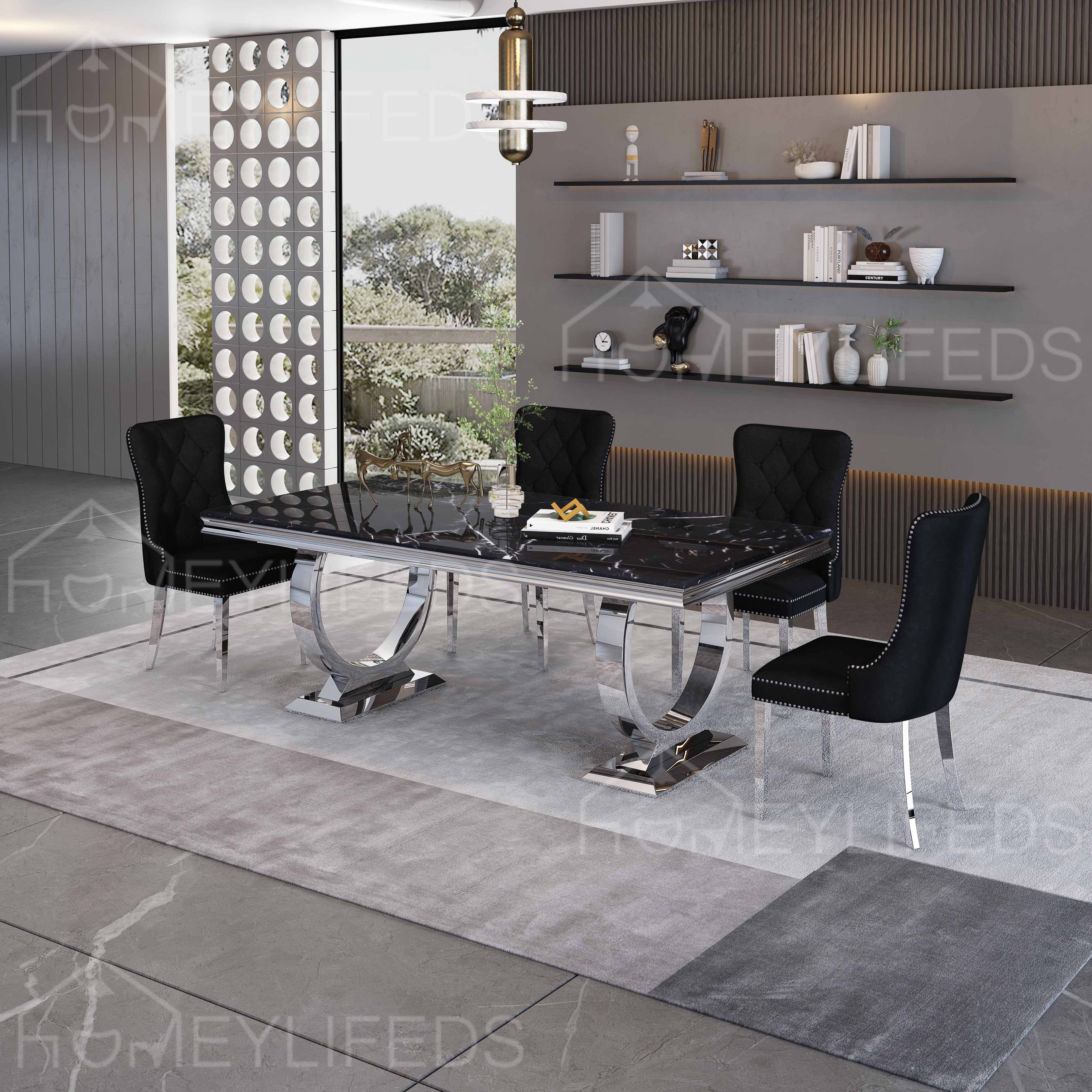 Modern Light Luxury Rectangular Dining Table Stainless Steel Chair Set for Hotel Or Restaurant Marble Top Metal Furniture