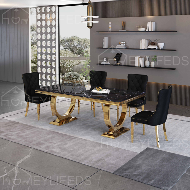 Modern Stainless Steel Metal Dining Table Set with Marble Top Kitchen Furniture