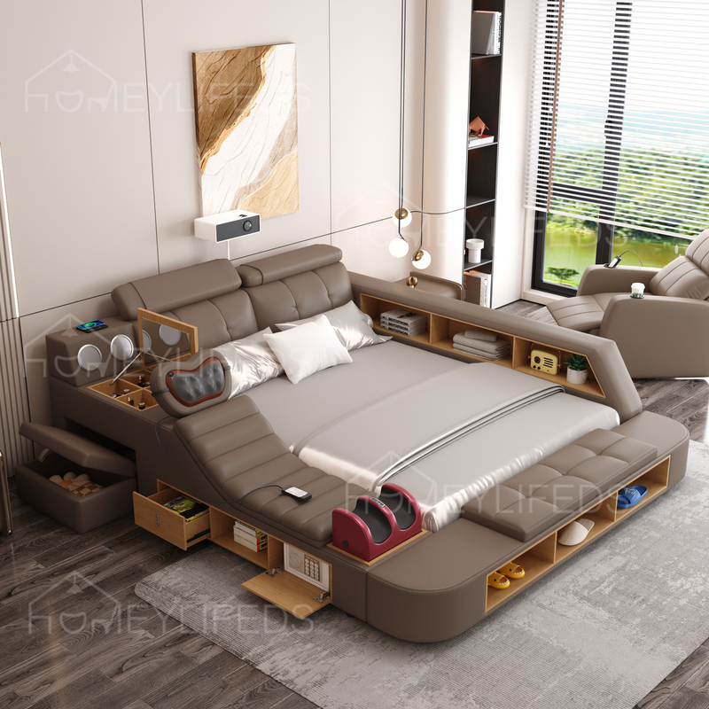 Modern Leather Smart Bed Multifunctional Bed Tatami King Size Platform Leather Fabric Soft Bed Storage Music Speaker