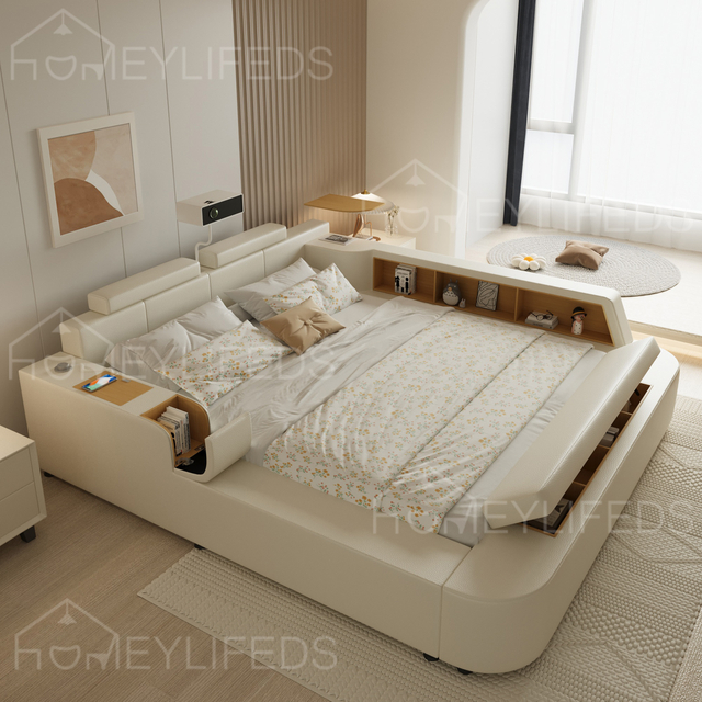 Smart Leather Bed with Storage with Massage Function Bed with USB Luxury Modern Bedroom Sets with Wireless Speaker