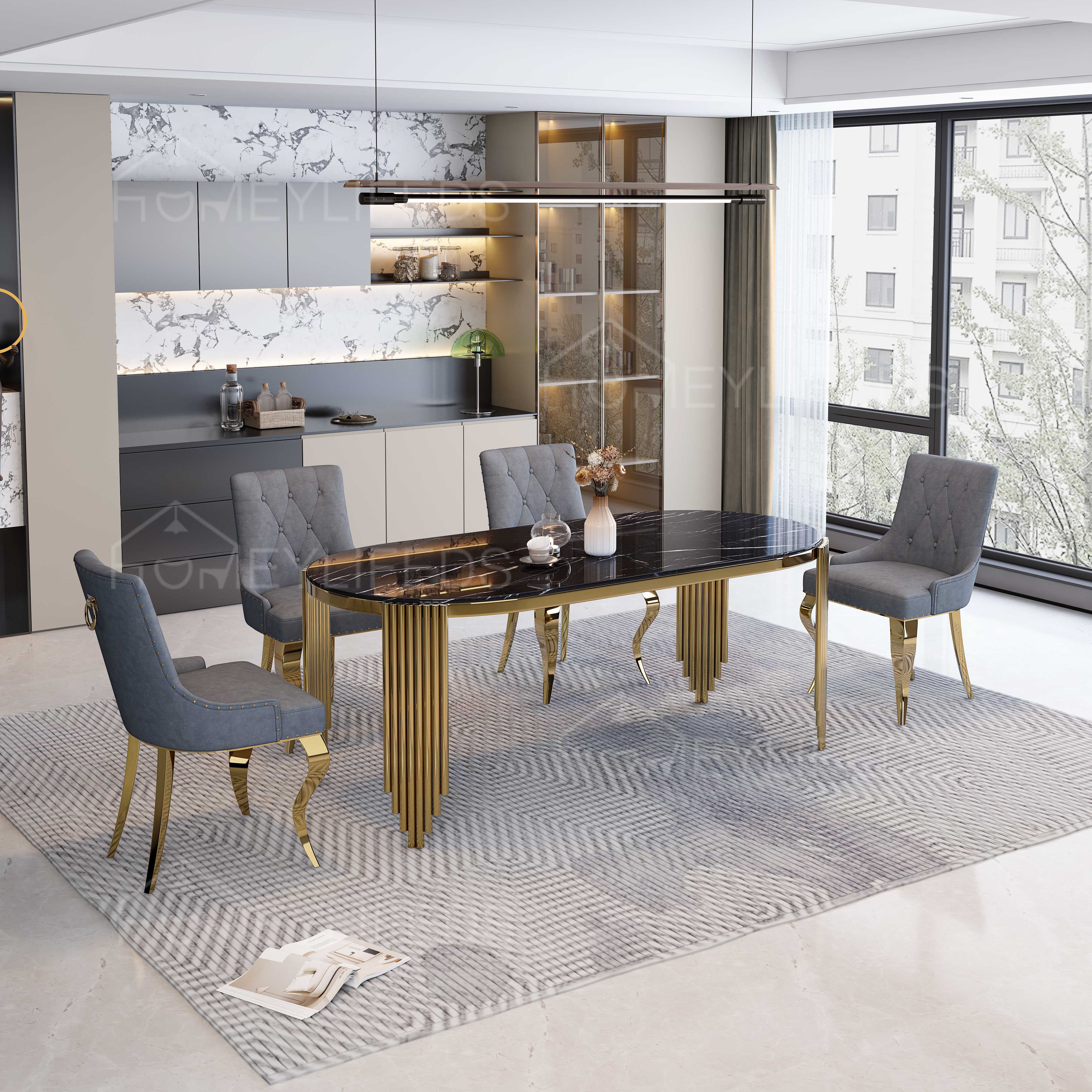 Customized Luxury Marble Dining Table Modern Stone Marble Top Dining Table Stainless Steel Legs Villa House Dining Room Table