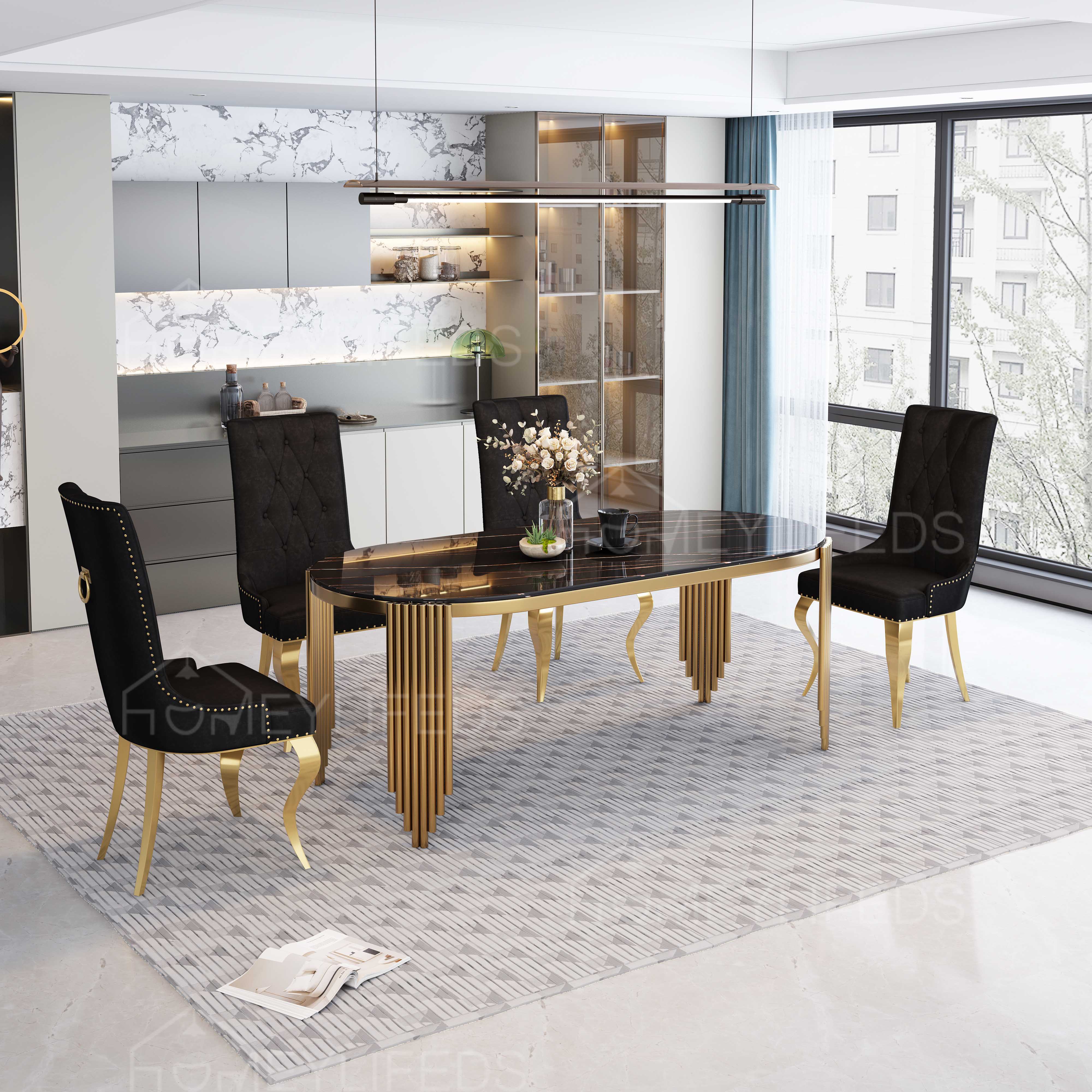 Italian Marble Dining Table Stainless Steel Dining Room Furniture Marble Top Dining Table 6 Set