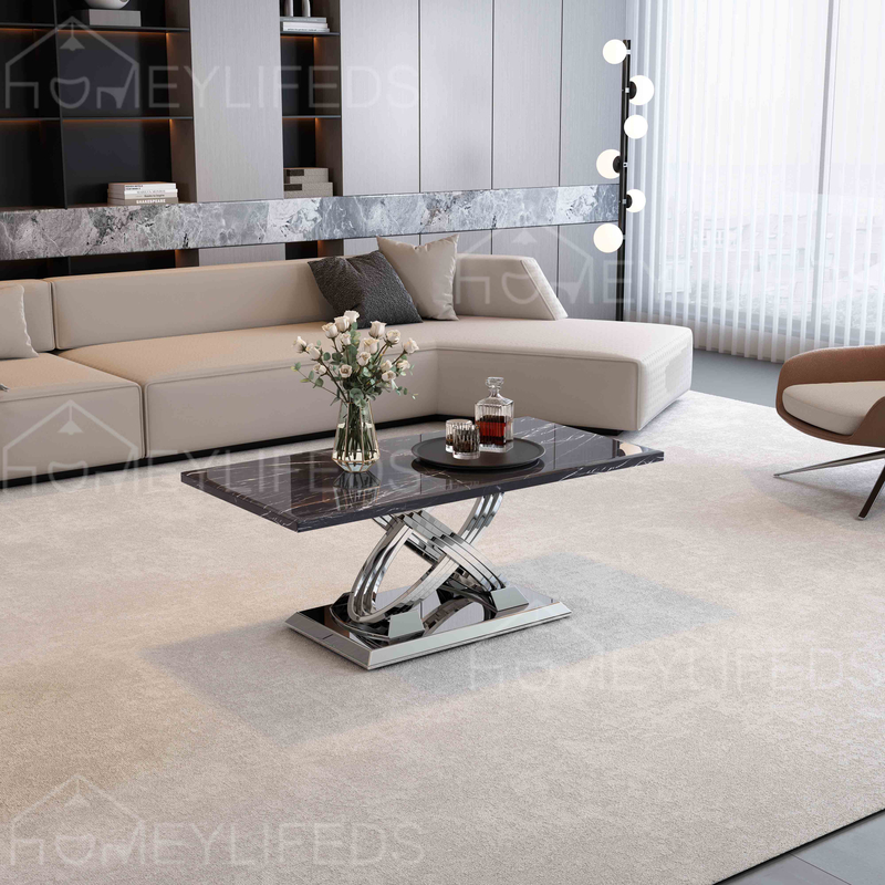 Nordic Modern Round Coffee Table with Gold Stainless Steel Base & Inlaid Marble Top for Living Room Furniture