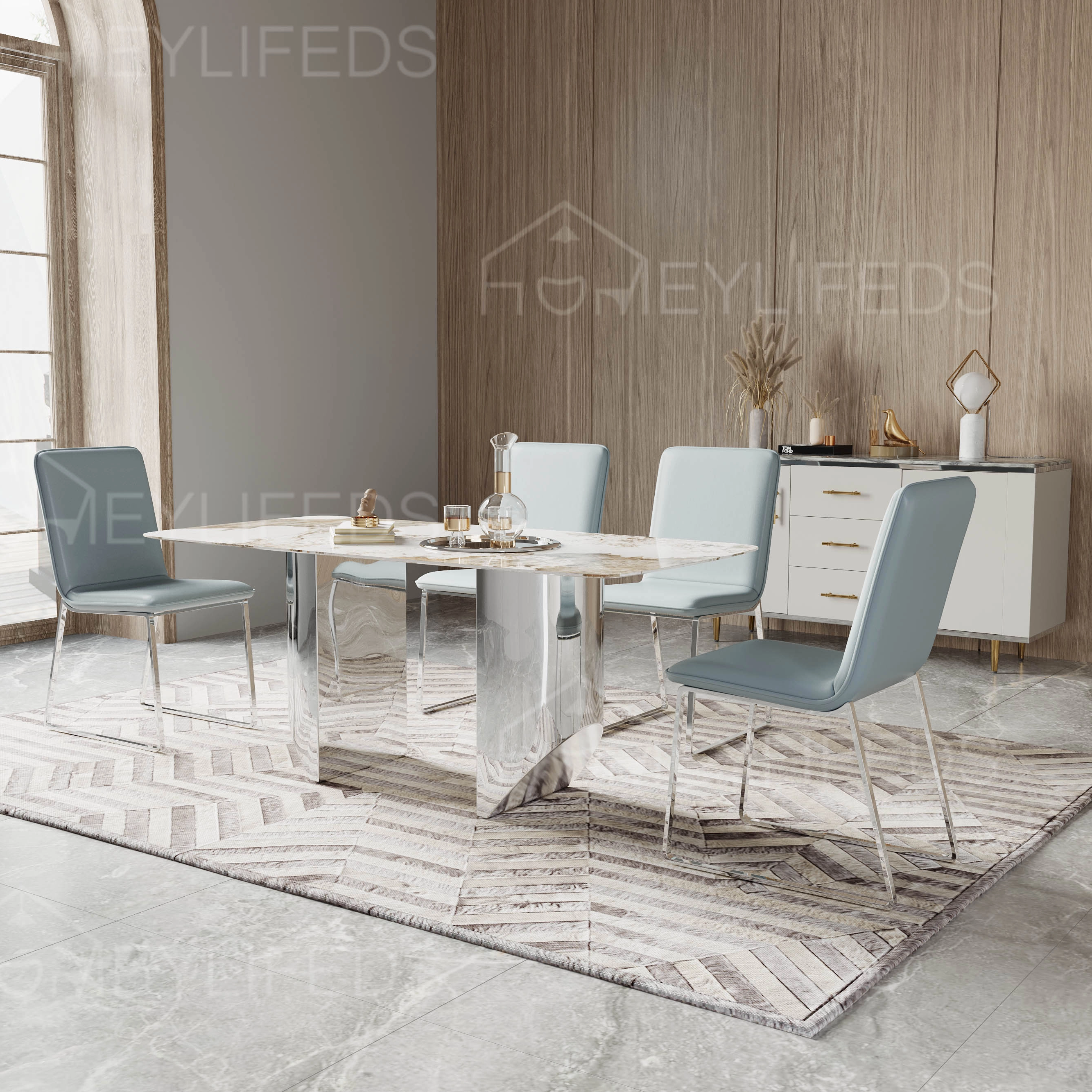 Modern Italian Style Home Furniture Dining Room Set Stainless Steel Leg Rectangle Marble Top Household Sintered Stone Dining Table