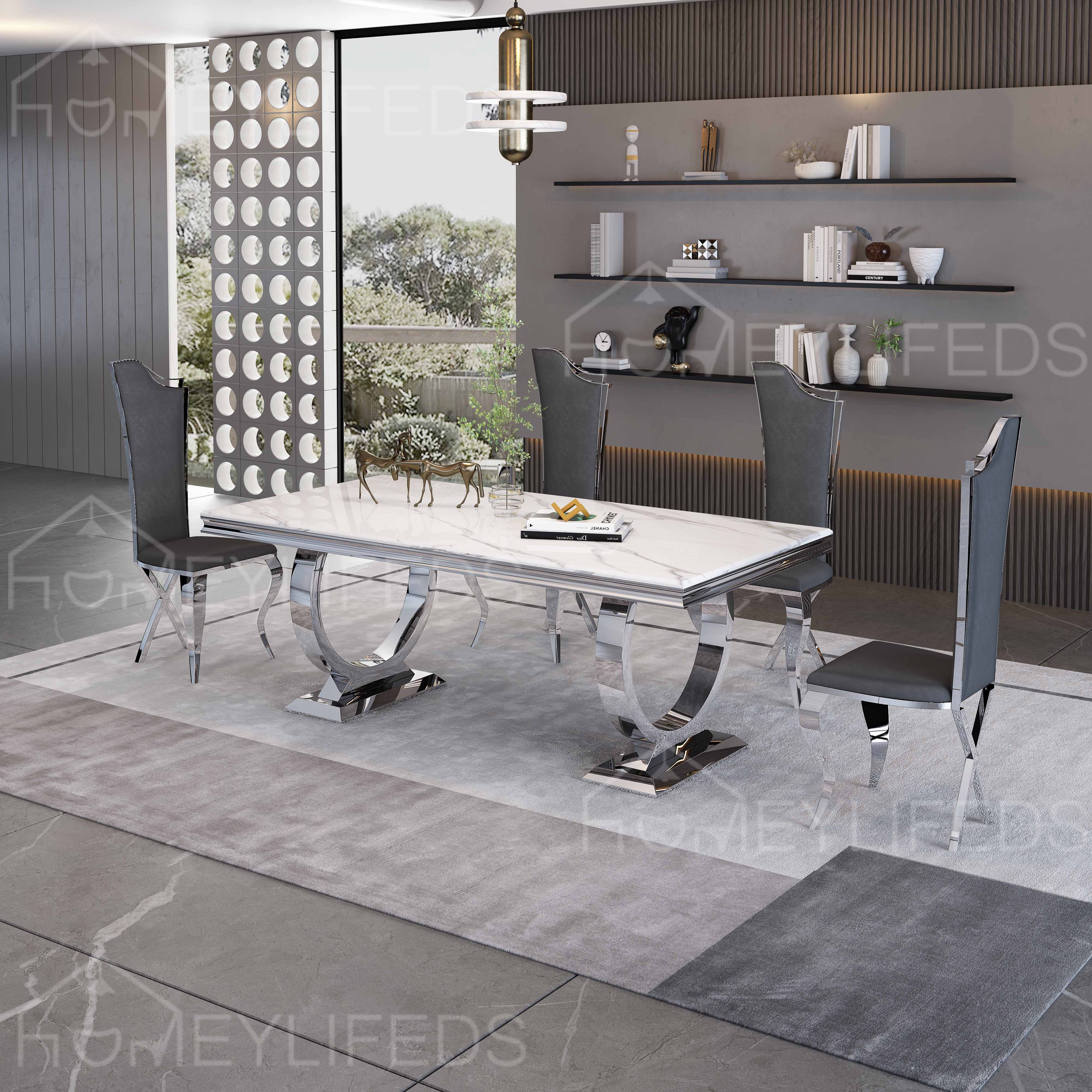 Italian Designer Luxury Custom Dining Room Furniture High End Villa Dining Room Large 8 Chairs Black Marble Top Dining Table