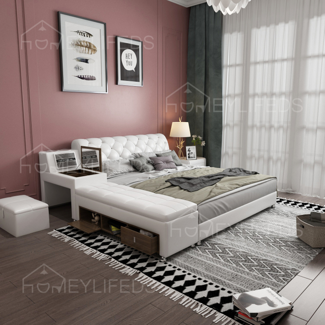 Modern Simple Smart Double Bed Genuine Leather Tatami Bed For Master Bedroom 2.2 Large Multifunctional Massage Living Room
