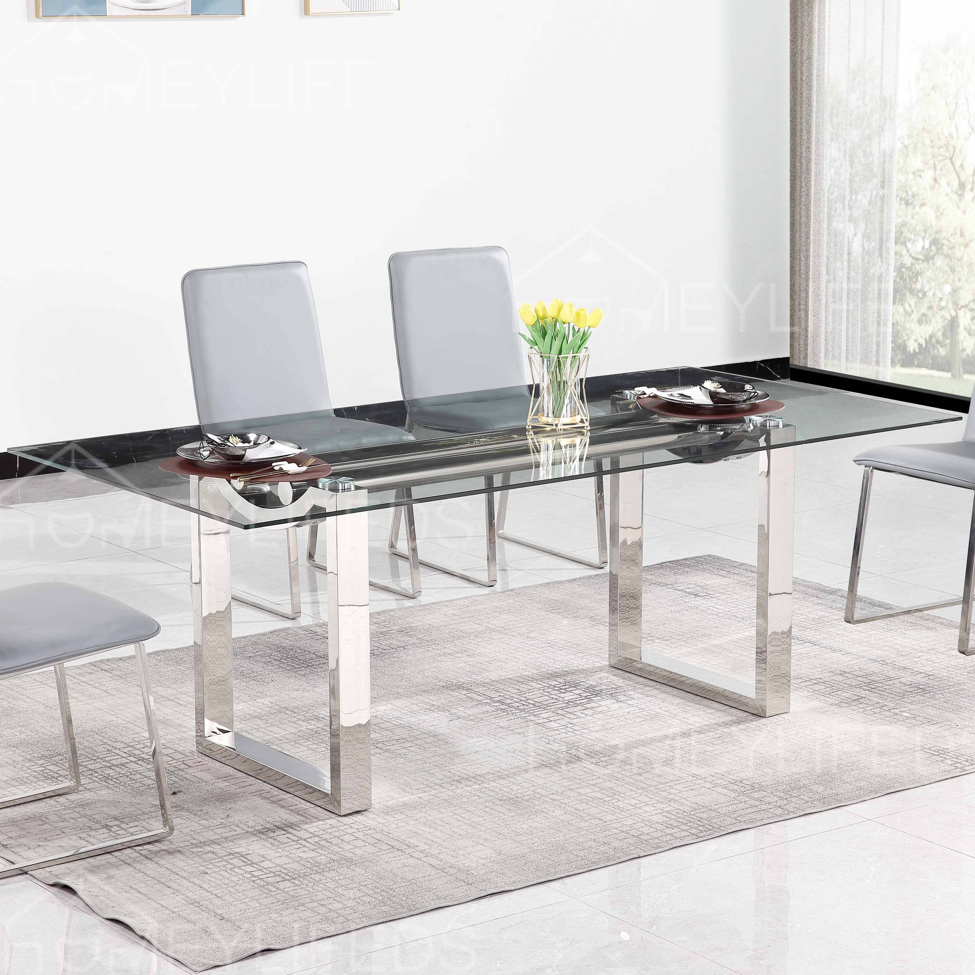 Modern Dining Room Furniture Dining Table Sets 6 Chairs Metal Stainless Steel Glass Dining Tables