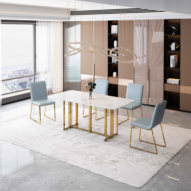 Elegant Design Golden Stainless Steel Leg Italian Luxury Marble Top Dining Table Set Modern Dining Room Furniture