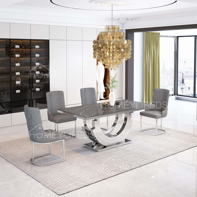 Luxury Dining Room Furniture Rectangle Marble Top Dining Table And 6 Chairs Set with Silver Or Gold Stainless Steel Frame