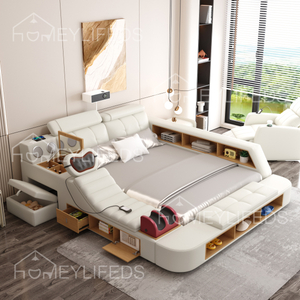 Luxury Leather Smart Bed Multifunctional Bed Tatami King Size Platform Upholstered Fabric Soft Bed Storage Music Speaker