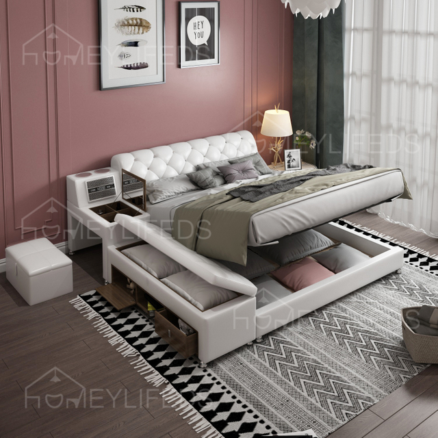 New Model Elegant High-End Double Bedroom Set Genuine Leather Master Bed Multi-Functional Tatami Large Bed Soft Upholstery