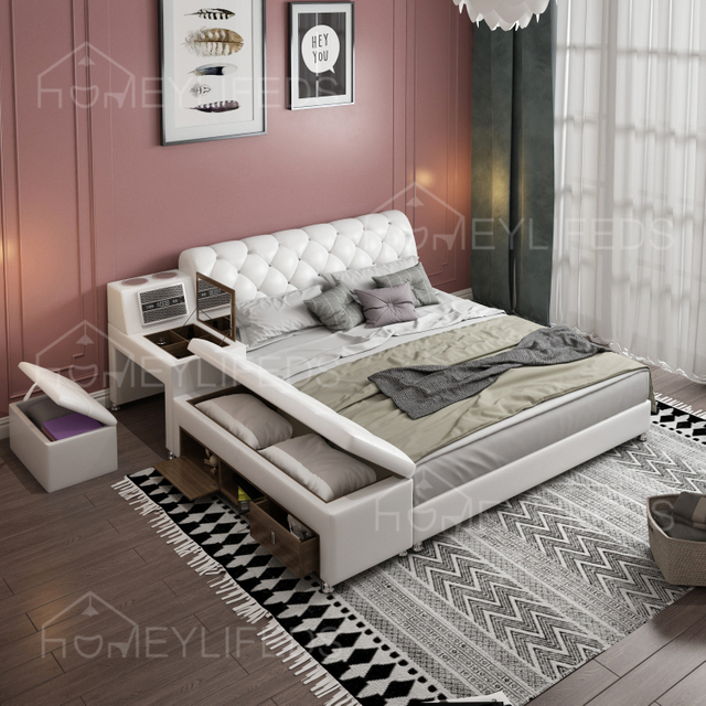 Modern Simple Smart Double Bed Genuine Leather Tatami Bed For Master Bedroom 2.2 Large Multifunctional Massage Living Room