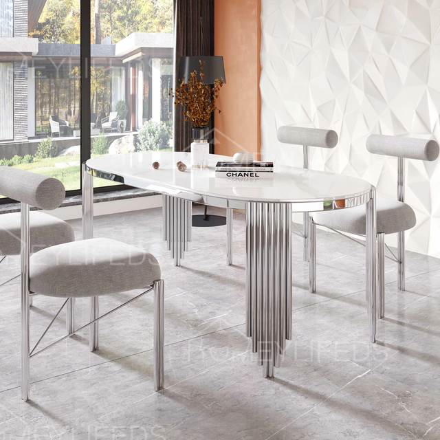 Modern Kitchen Marble Gold And White Dining Table Set 6 Chairs Rectangular Glossy Sintered Stone Dinning Table