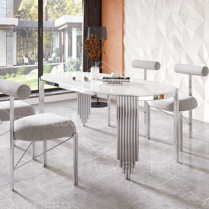 Modern Kitchen Marble Gold And White Dining Table Set 6 Chairs Rectangular Glossy Sintered Stone Dinning Table